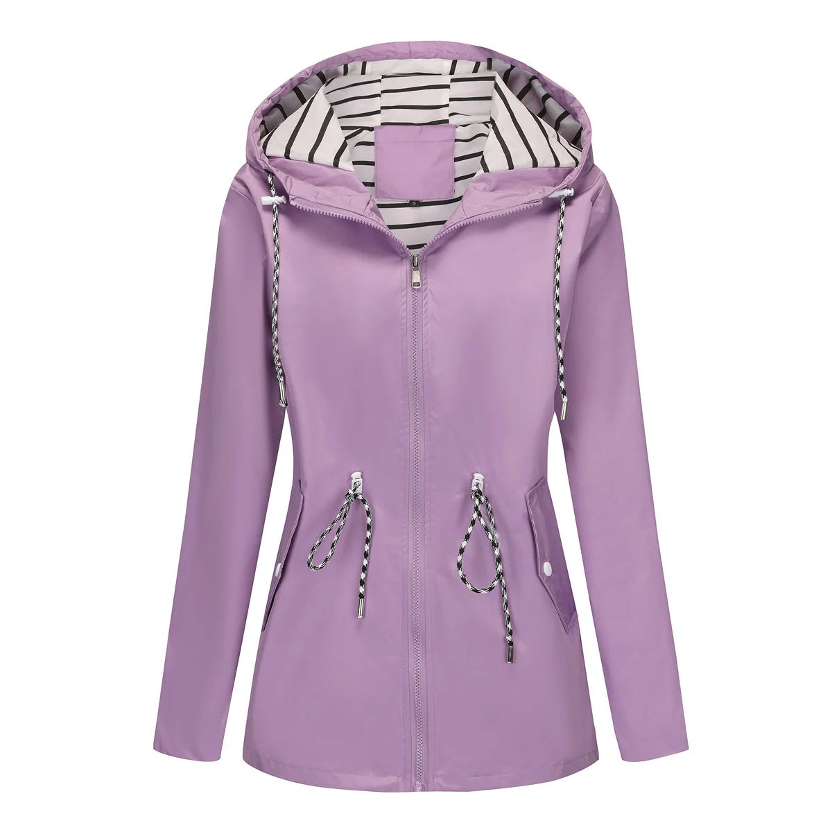 Lilac Women's Rain Jacket With Hood — Molly Waterproof Drawstring Zip-Up - Front Flat Lay Purple