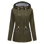 Military Green Women's Rain Jacket With Hood - Front Flat Lay