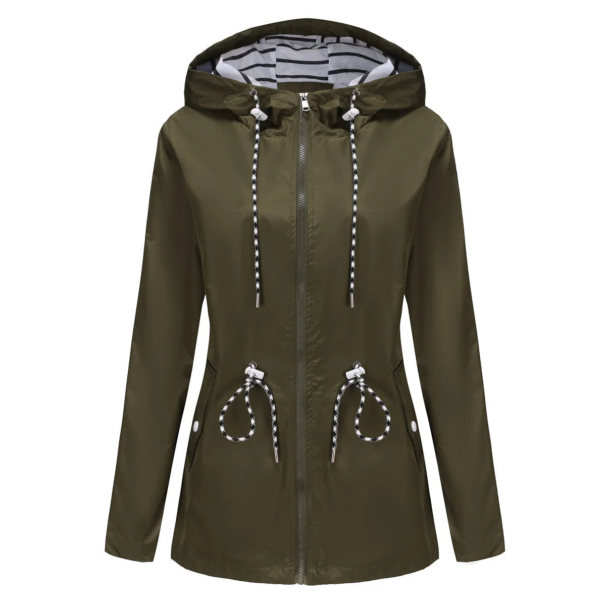 Military Green Green Women's Rain Jacket With Hood — Molly Waterproof Drawstring Zip-Up - Front Flat Lay