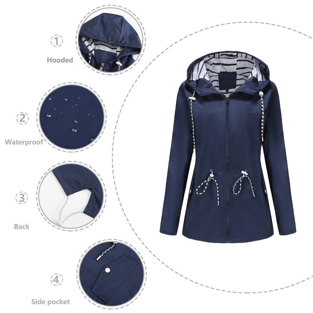 Navy Blue Women's Rain Jacket With Hood — Molly Waterproof Drawstring Zip-Up - Detail Infographic