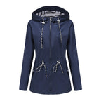 Navy Blue Women's Rain Jacket With Hood - Front Flat Lay