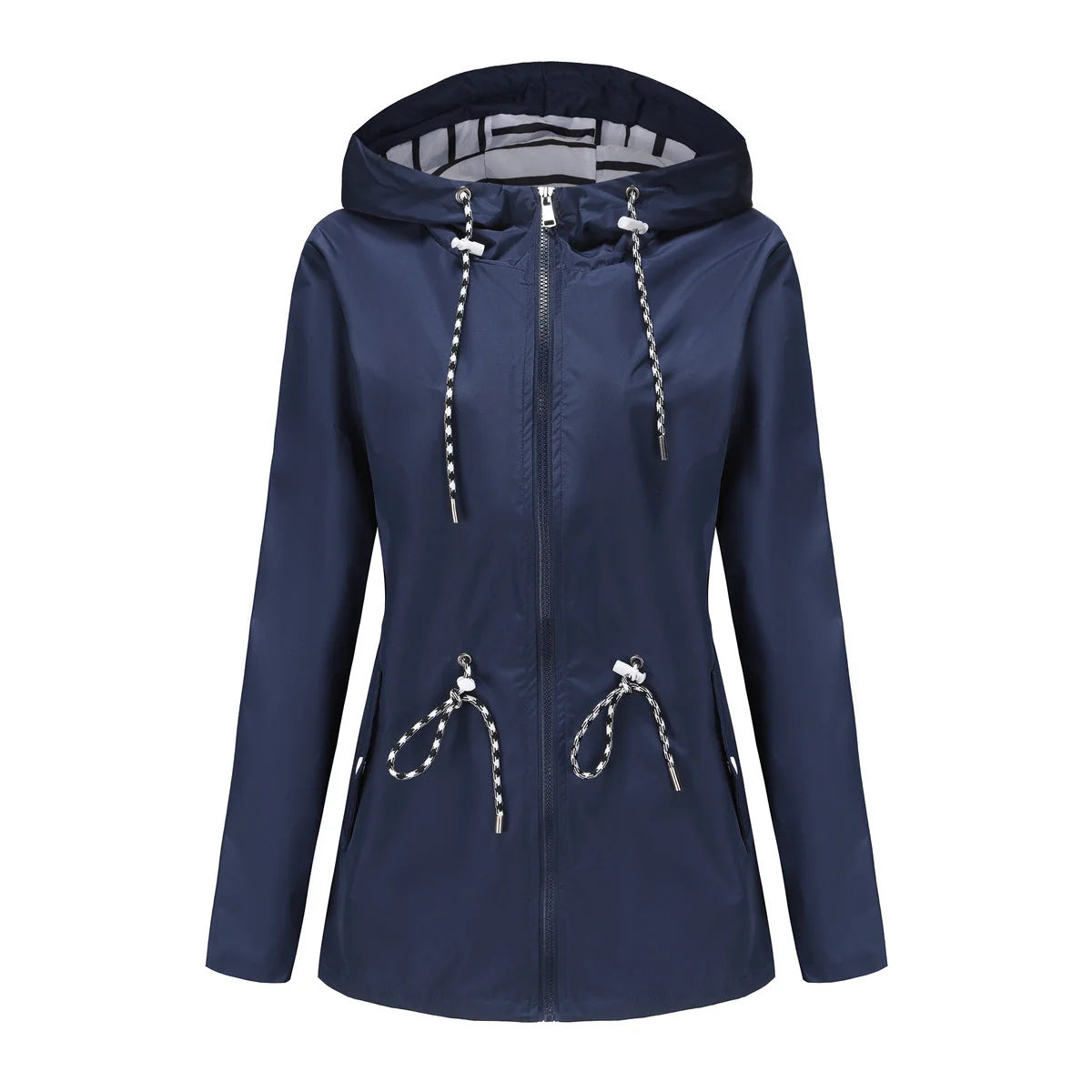 Navy Blue Blue Women's Rain Jacket With Hood — Molly Waterproof Drawstring Zip-Up - Front Flat Lay