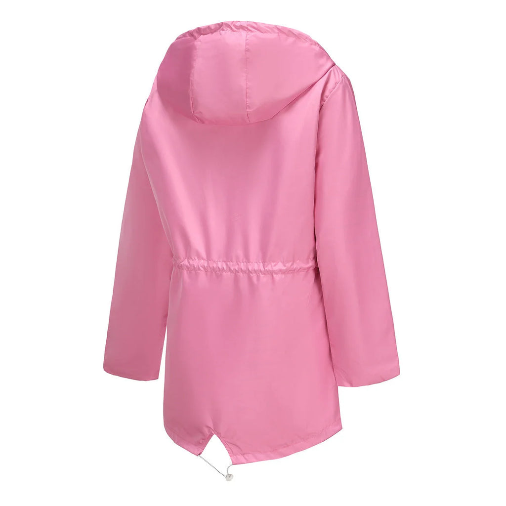 Pink Women's Rain Jacket With Hood — Molly Waterproof Drawstring Zip-Up - Back Flat Lay