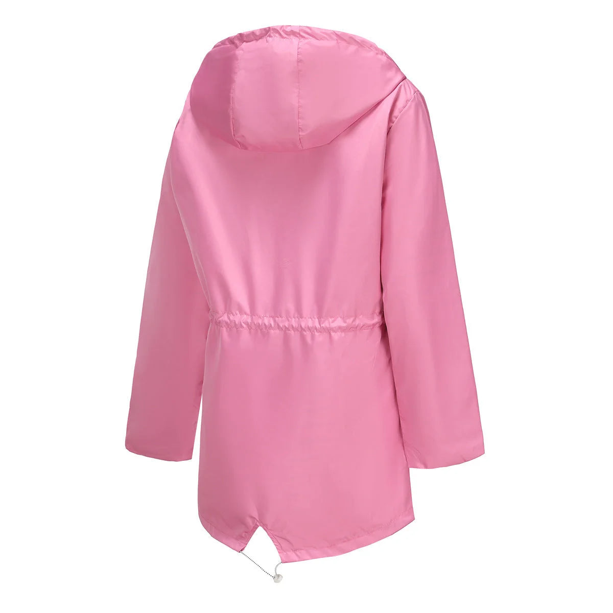 Pink Women's Rain Jacket With Hood — Molly Waterproof Drawstring Zip-Up - Back Flat Lay