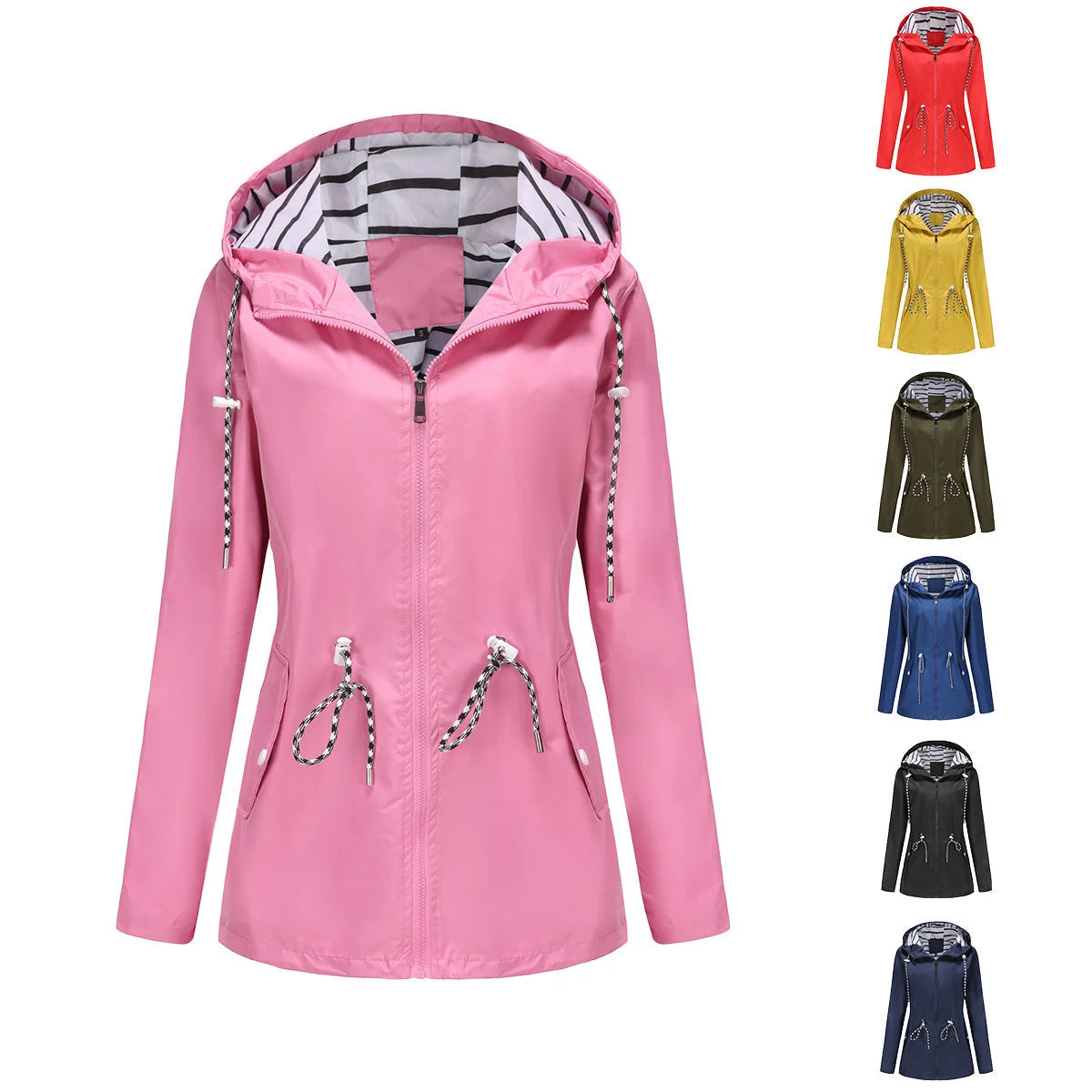 Pink Women's Rain Jacket With Hood — Molly Waterproof Drawstring Zip-Up - Close Up Worn