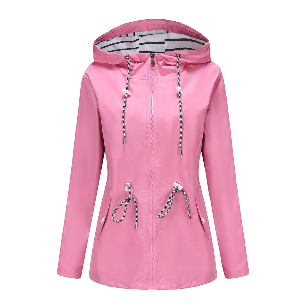 Pink Women's Rain Jacket With Hood — Molly Waterproof Drawstring Zip-Up - Front Flat Lay