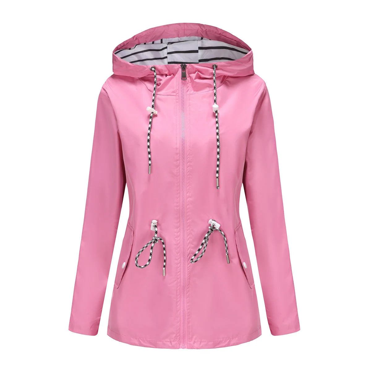 Pink Women's Rain Jacket With Hood — Molly Waterproof Drawstring Zip-Up - Front Flat Lay
