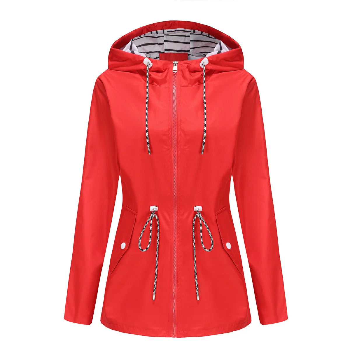 Red Women's Rain Jacket With Hood — Molly Waterproof Drawstring Zip-Up - Front Flat Lay