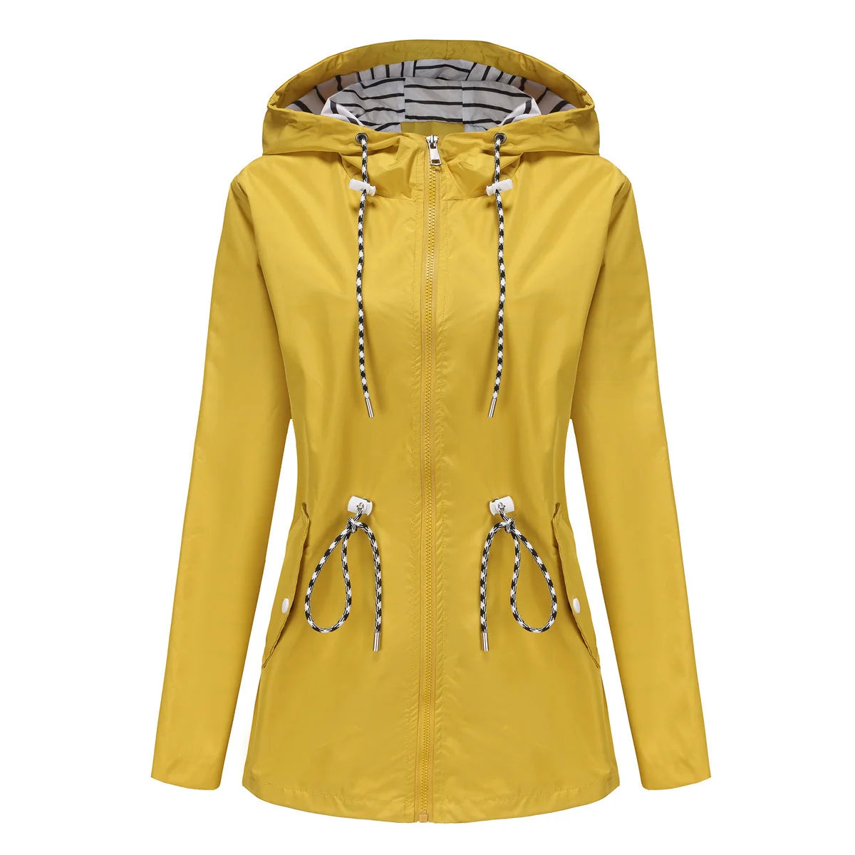 Yellow Women's Rain Jacket With Hood — Molly Waterproof Drawstring Zip-Up - Front Flat Lay