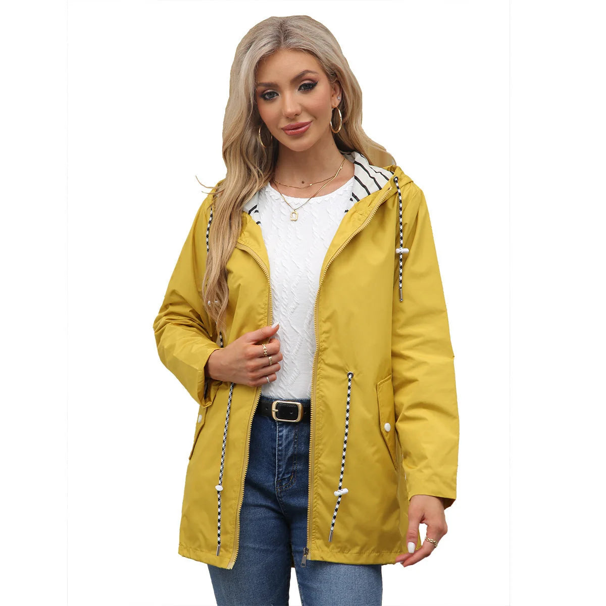 Yellow Women's Rain Jacket With Hood — Molly Waterproof Drawstring Zip-Up - Worn Lifestyle