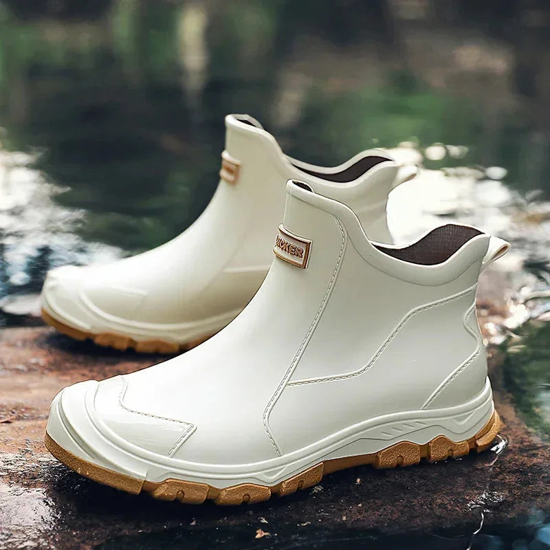 Beige Women's Slip-On Waterproof Rain Boots — Stella Ankle Non-Slip - Front Side Pair Poolside