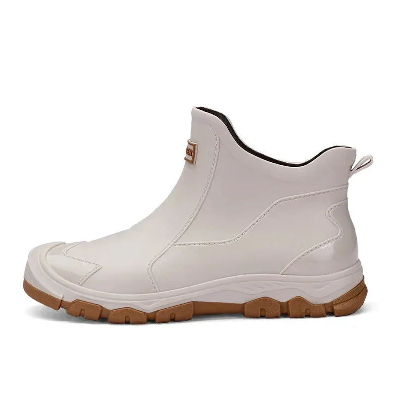 Beige Women's Slip-On Waterproof Rain Boots — Stella Ankle Non-Slip - Studio Side Profile
