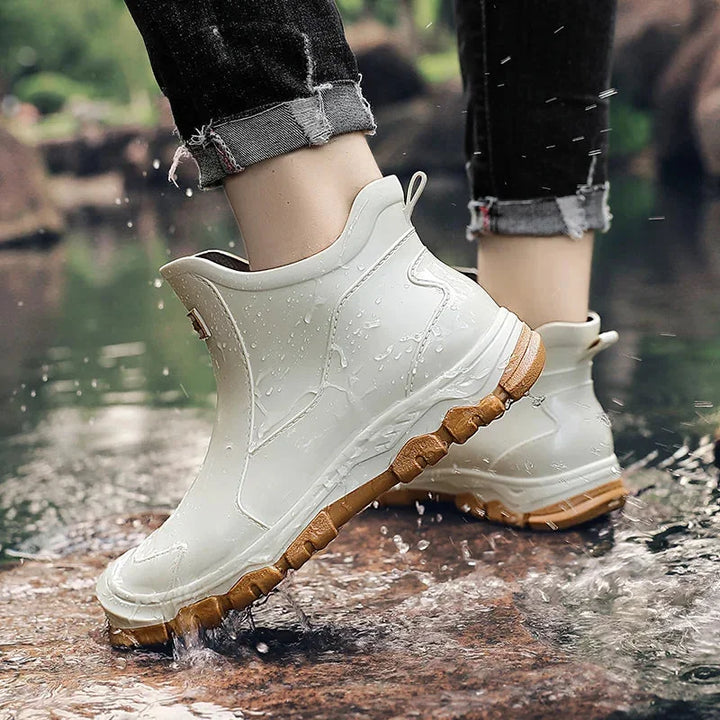 Beige Women's Slip-On Waterproof Rain Boots — Stella Ankle Non-Slip - Worn Lifestyle Walking