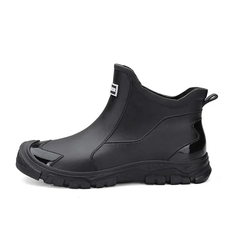 Black Women's Slip-On Waterproof Rain Boots — Stella Ankle Non-Slip - Studio Side Profile