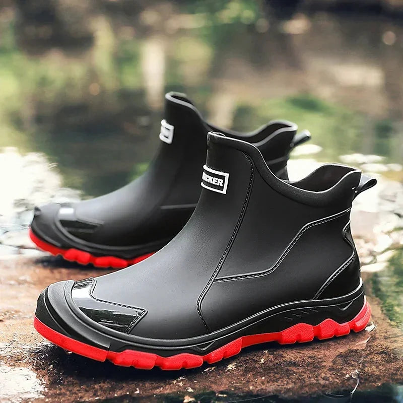 Multicolor Women's Slip-On Waterproof Rain Boots — Stella Ankle Non-Slip - Side Pair Red Sole