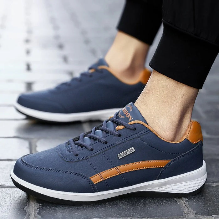 Blue Women's Walking Shoes — Chloe Faux Leather Lace-Up Cushioned Sneakers - Side Profile Worn