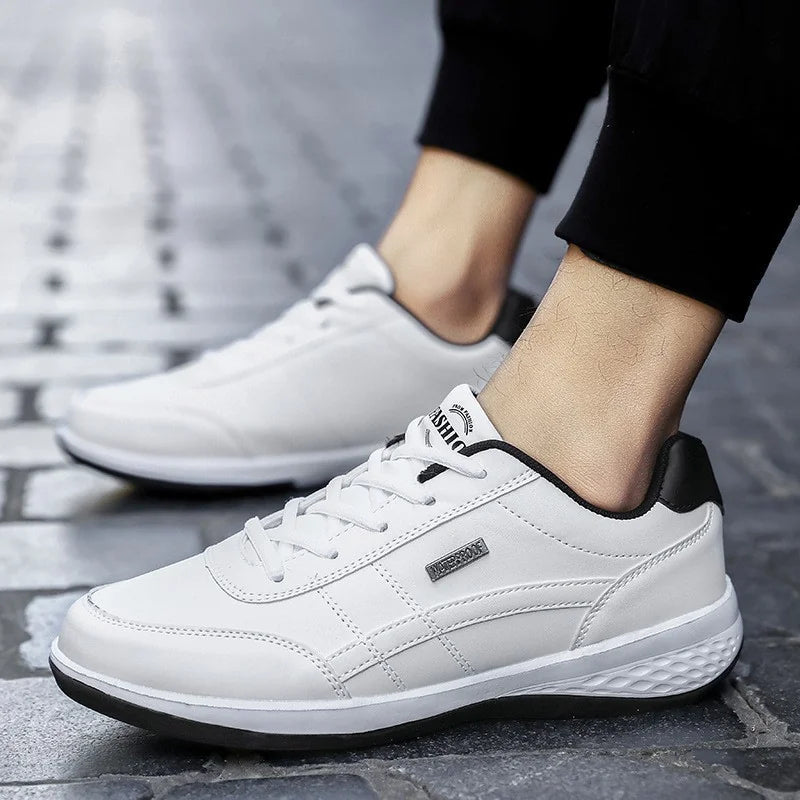 White Women's Walking Shoes — Chloe Faux Leather Lace-Up Cushioned Sneakers - Front Worn Closeup