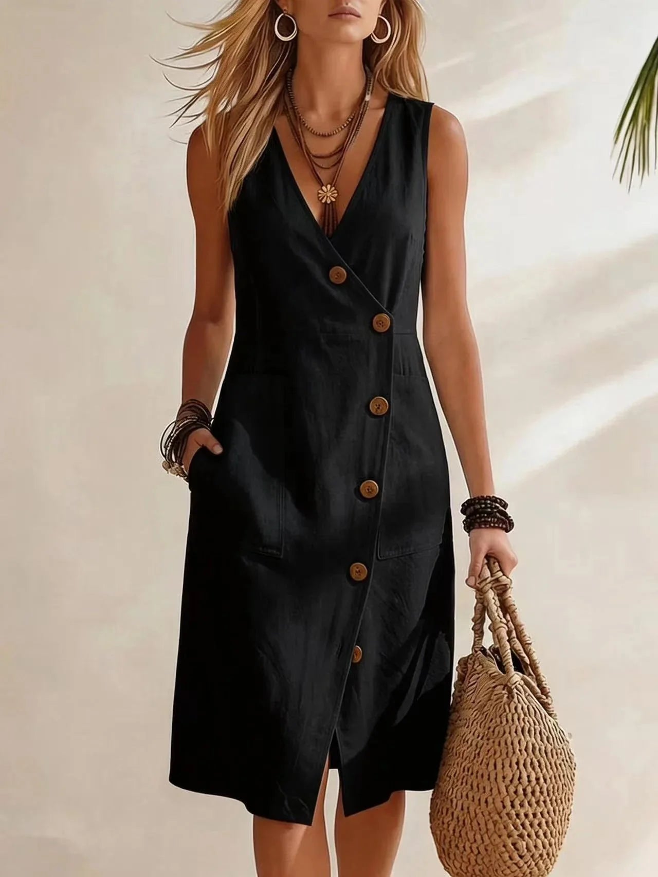 Black Women's Button-Front Wrap Midi Dress — Mira Linen Sleeveless Pockets - Front Closeup