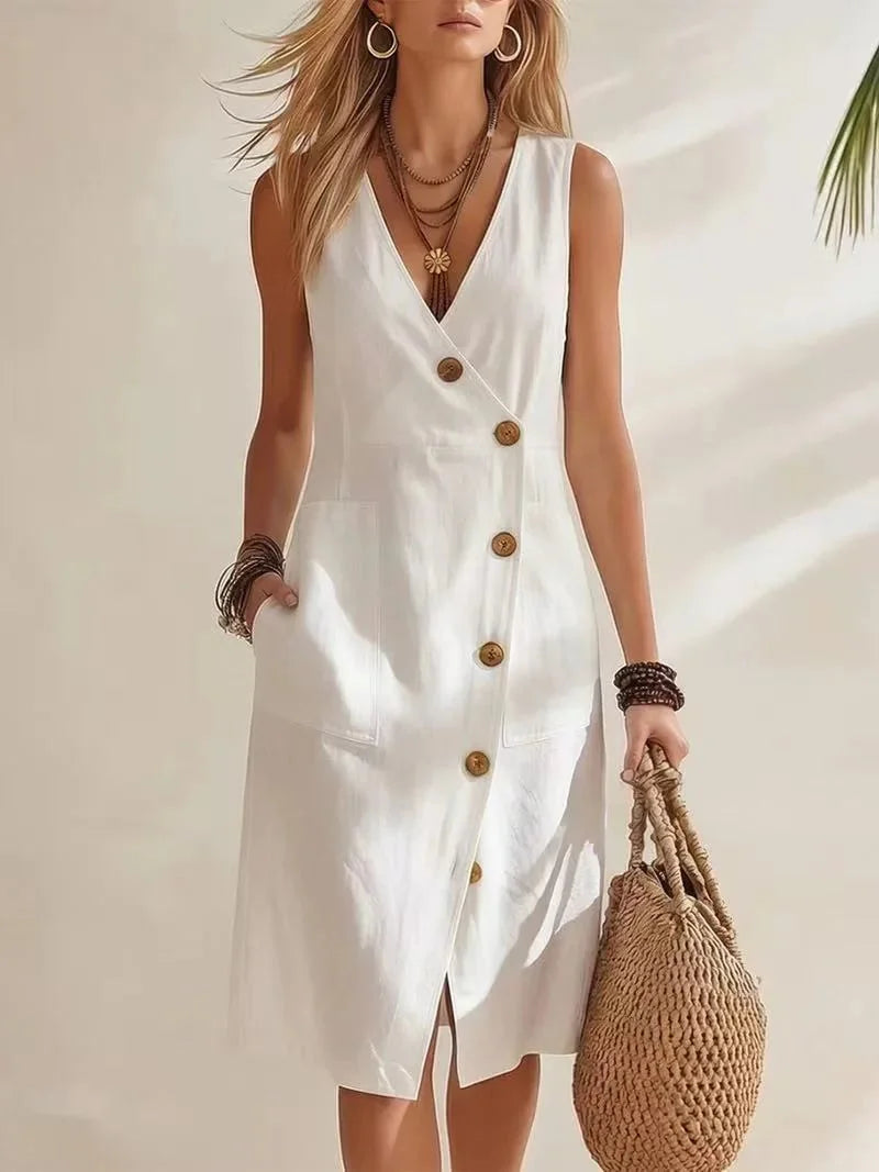 White Women's Button-Front Wrap Midi Dress — Mira Linen Sleeveless Pockets - Front Standing