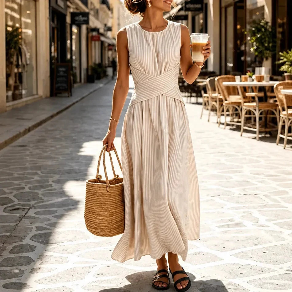 Beige Women's Striped Maxi Dress — Marielle Crossover Wrap Waist Sleeveless - Cafe Walking