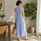 Blue Women's Striped Maxi Dress — Marielle Crossover Wrap Waist Sleeveless - Back Full