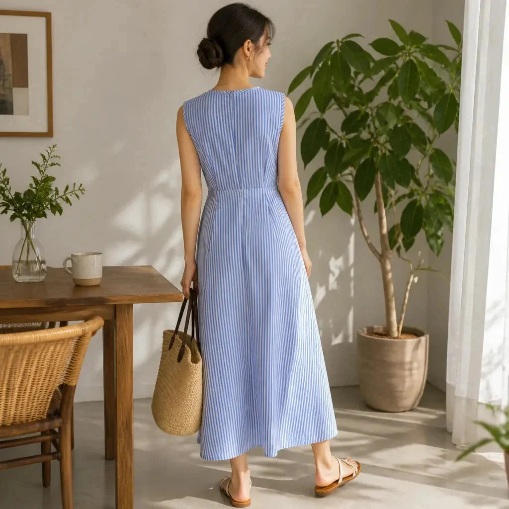 Blue Women's Striped Maxi Dress — Marielle Crossover Wrap Waist Sleeveless - Back Full