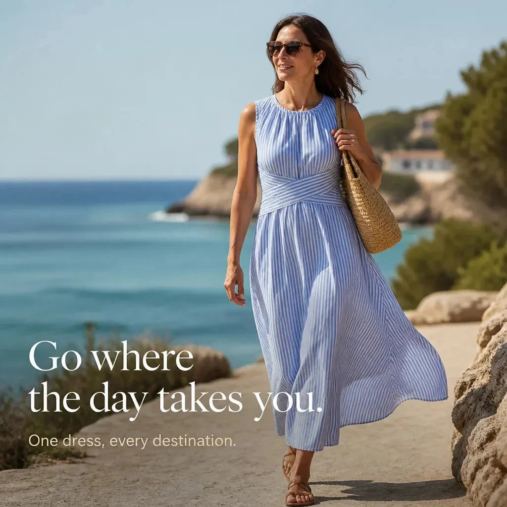 Blue Women's Striped Maxi Dress — Marielle Crossover Wrap Waist Sleeveless - Coastal Walking