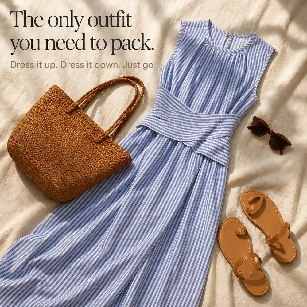 Blue Women's Striped Maxi Dress — Marielle Crossover Wrap Waist Sleeveless - Flat Lay