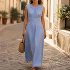Blue Women's Striped Maxi Dress — Marielle Crossover Wrap Waist Sleeveless - Front Full