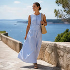 Blue Women's Striped Maxi Dress — Marielle Crossover Wrap Waist Sleeveless - Full Body Outdoor