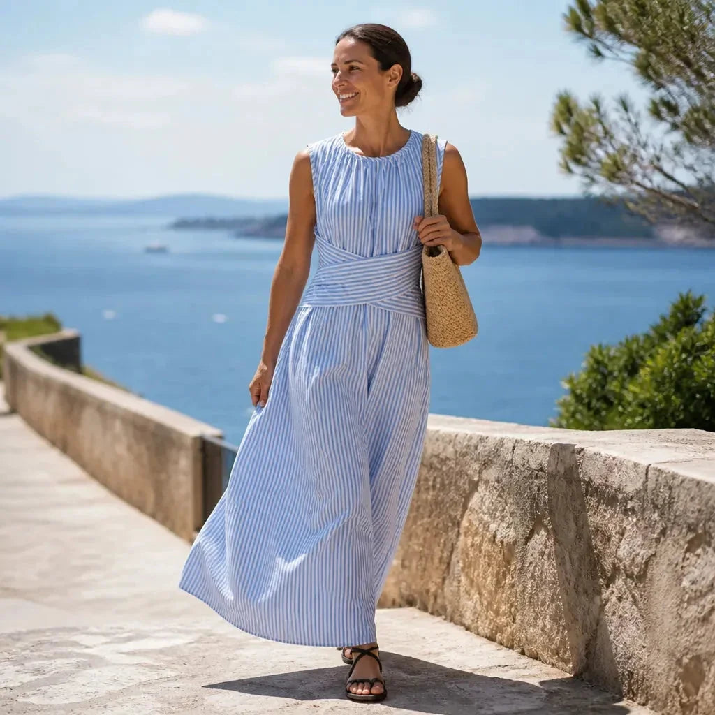 Blue Women's Striped Maxi Dress — Marielle Crossover Wrap Waist Sleeveless - Full Body Outdoor