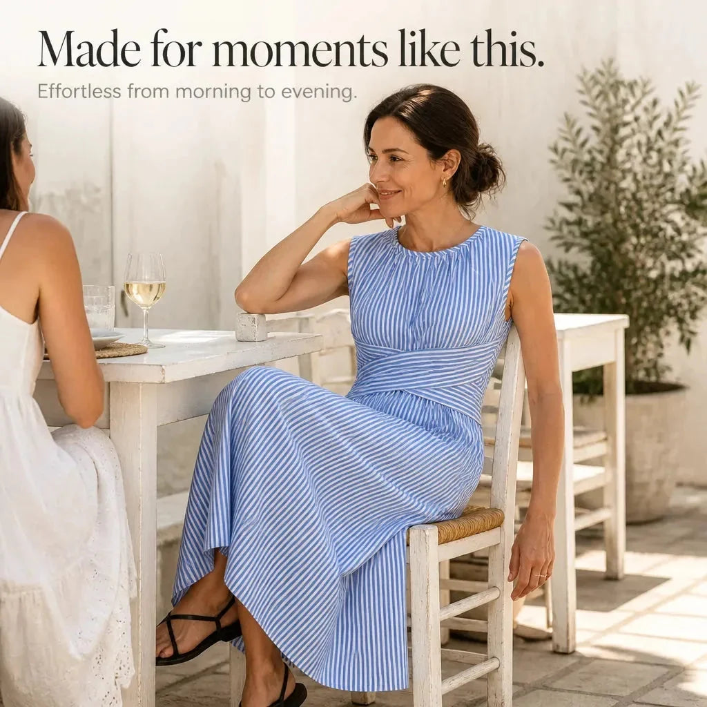 Blue Women's Striped Maxi Dress — Marielle Crossover Wrap Waist Sleeveless - Lifestyle Seated Cafe