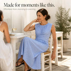 Blue Women's Striped Maxi Dress — Marielle Crossover Wrap Waist Sleeveless - Lifestyle Seated Cafe