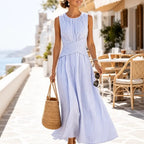 Blue Women's Striped Maxi Dress — Marielle Crossover Wrap Waist Sleeveless - Street Walking
