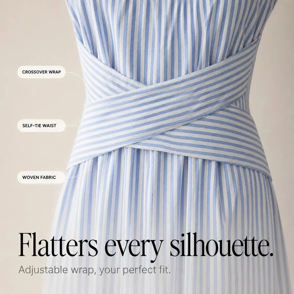 Blue Women's Striped Maxi Dress — Marielle Crossover Wrap Waist Sleeveless - Waist Crossover Detail
